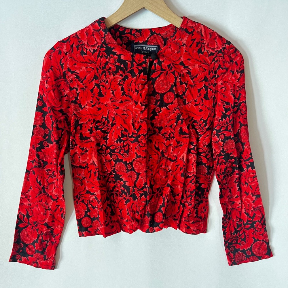 Vintage Norton McNaughton Petites Floral Button Down Blouse‎ Red Black Size 10